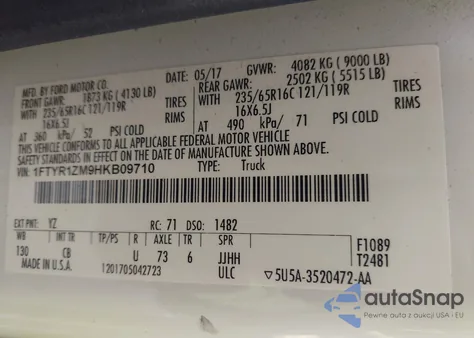 2017 Ford Transit T-250 z USA, uszkodzony, nr VIN 1FTYR1ZM9HKB08710